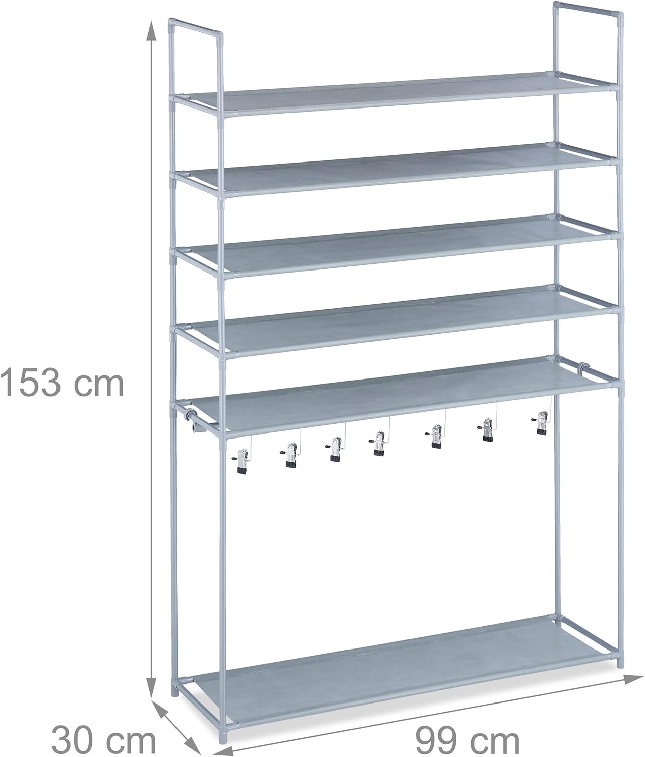 Relaxdays Shoe Rack 6 Tiers, Plug-In System, 20 Pairs of Shoes, 7 Boot Hooks, Metal & Fabric, Hallway Shoe Rack, Grey