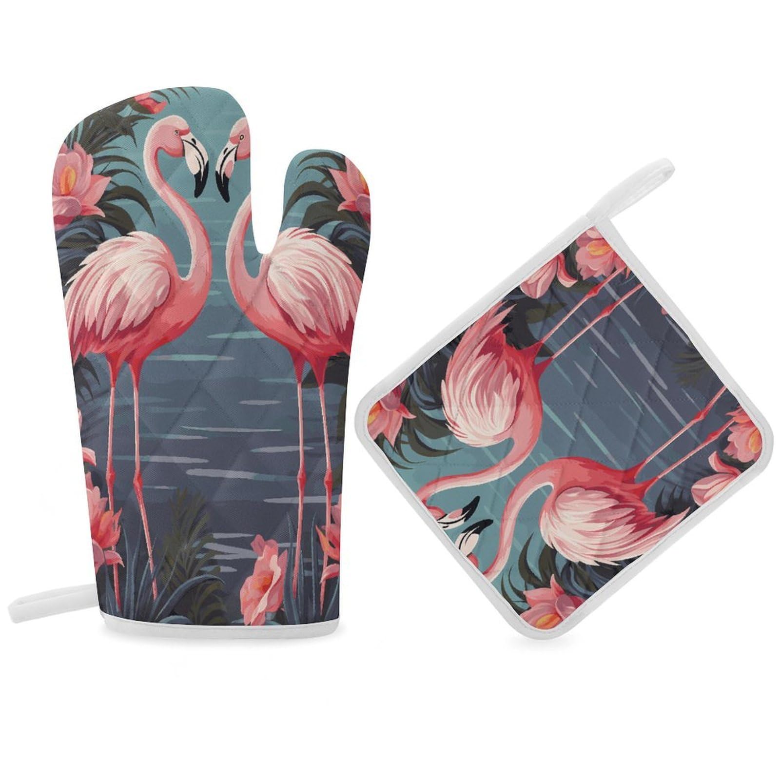 Fodpand Women's Style Flock Of Tropical Flamingos Oven Mitts And Pot Holders Sets,Oven Gloves For Kitchen Oven Mitts And Potholders For Baking Cooking Grilling Apartment Essentials