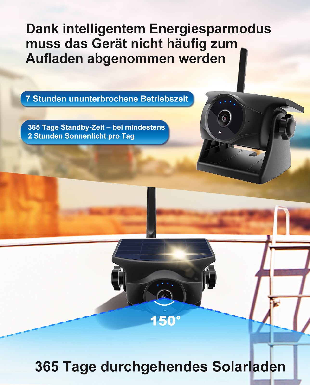 1080P Solar Kabellose Rückfahrkamera – Magnetische WLAN Rückfahrkamera mit Nachtsicht, IP66, wiederaufladbarer Akku für Anhänger Wohnmobil LKW Auto
