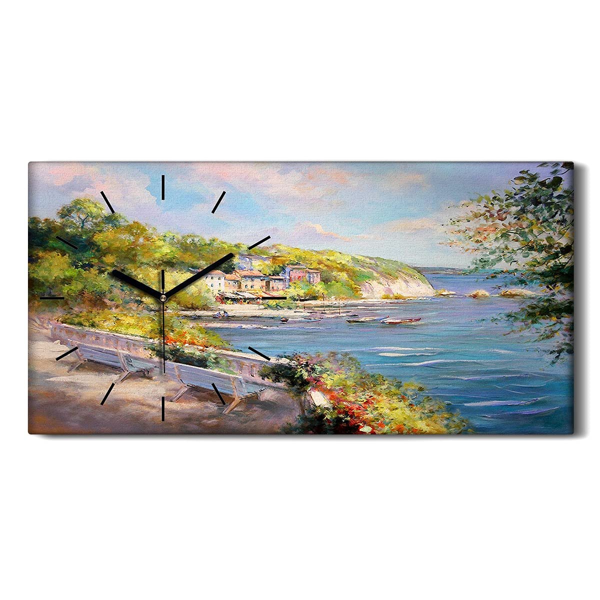 Horloge sur toile 60x30cm bateaux et paysage de mer avec aiguilles noires de Coloray