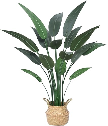 Hanamono Palmera artificial de 3.61 pies, plantas sintéticas en maceta, árboles grandes de pájaro del paraíso, decoración del hogar, interiores y