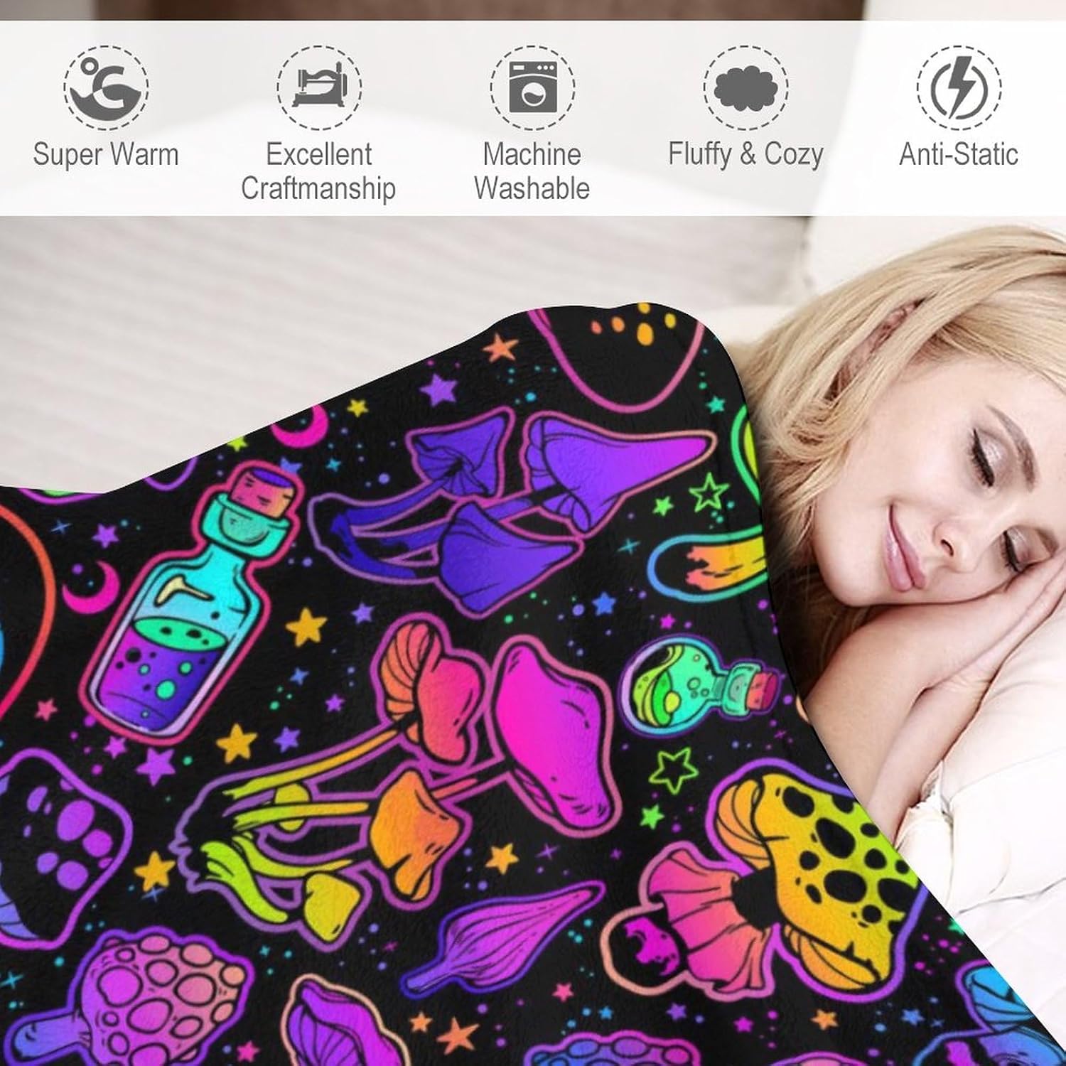 Liliha Colorful Mushrooms Blanket Enlarged Plush Throw, 50"x40" Rainbow Kawaii Fungus Flannel for Sofa Couch Bedroom Decor All Season - Image 3