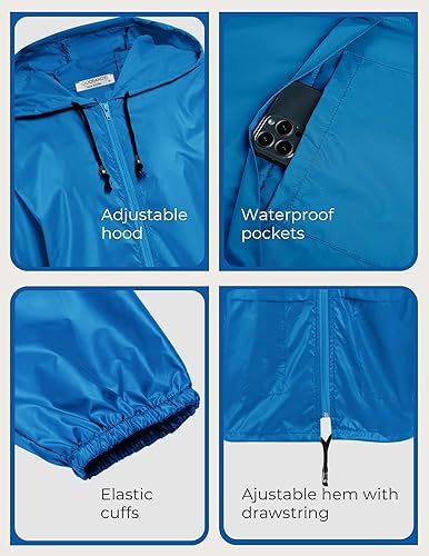 Vista 6 de COOFANDY Chaqueta impermeable para hombre, ligera, impermeable, con capucha, equipo de lluvia, viajes, senderismo, ciclismo