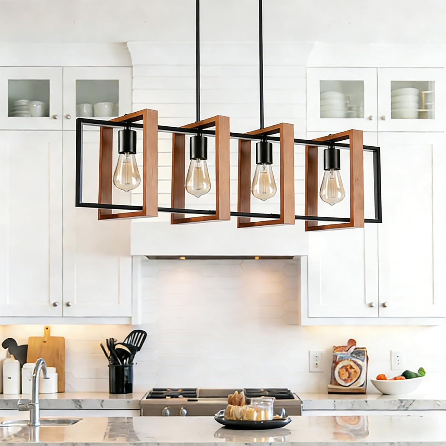 4-Light Island Lights for Kitchen, Rectangular Wood and Black Metal Kitchen Island Chandelier 31.5" Adjustable Rustic Modern Dining Room Light Fixtures Over Table, Chandeliers for Dining Room