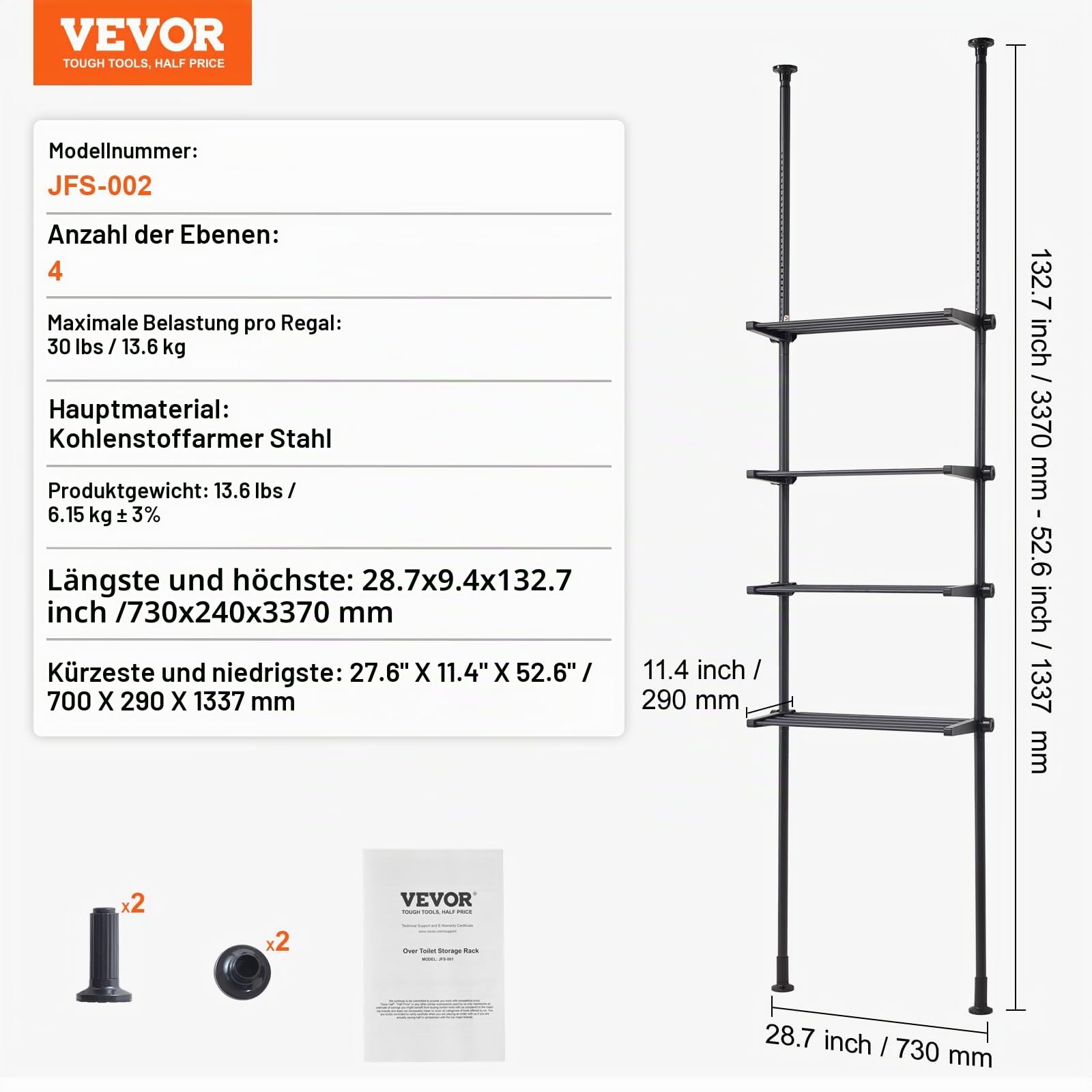 VEVOR Aufbewahrung über der Toilette, 4-stufiger Verstellbarer Badezimmer-Organizer über der Toilette, kohlenstoffarmer Stahl, 135–332 cm hohes Lagerregal, einfach zu montierender Wäscheplatzsparer