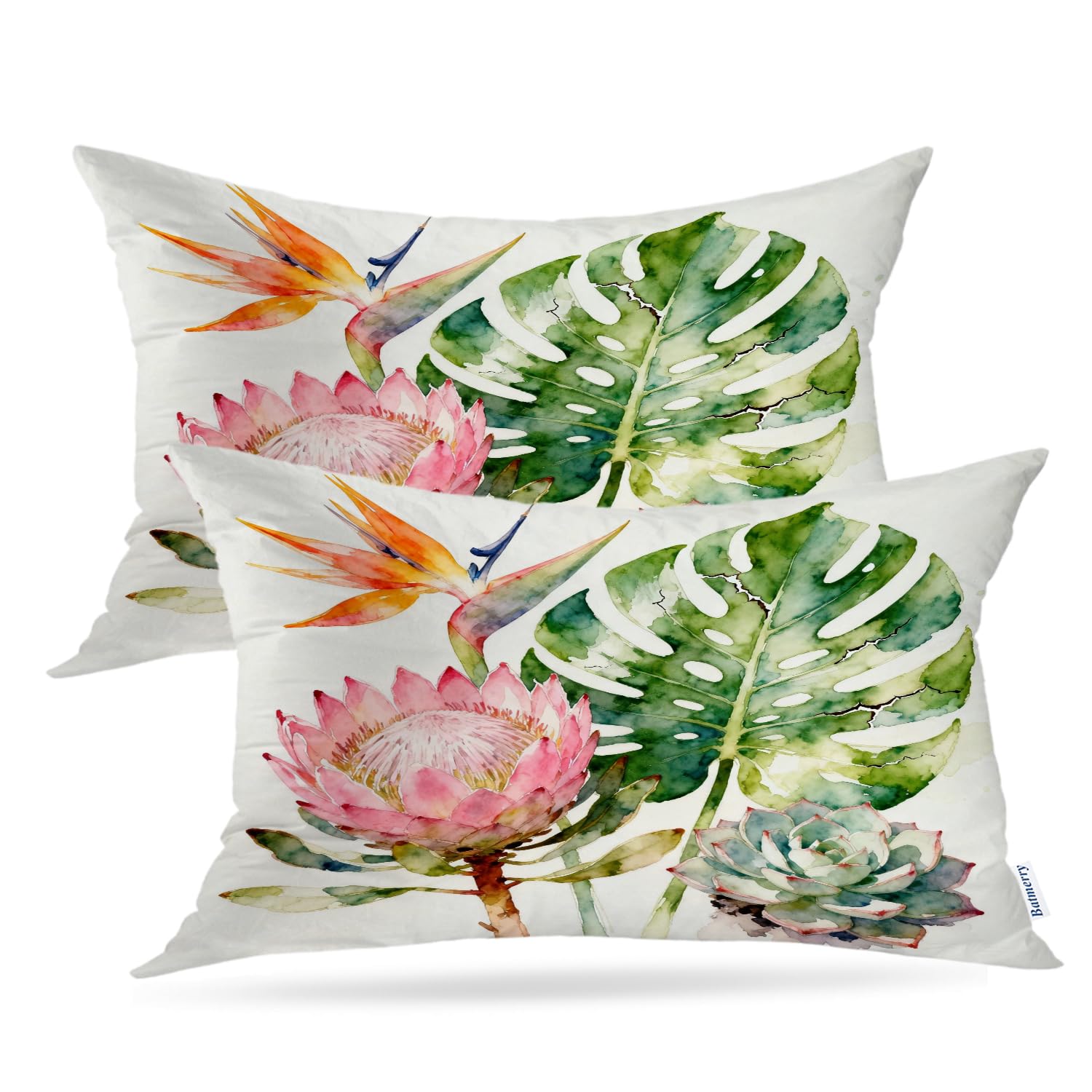 Batmerry Tropical Pink Decorative Pillow Covers, Floral Watercolor Flower Leaf Double Sided Throw Pillow Covers Sofa Cushion Cover Lumbar 12 x 20