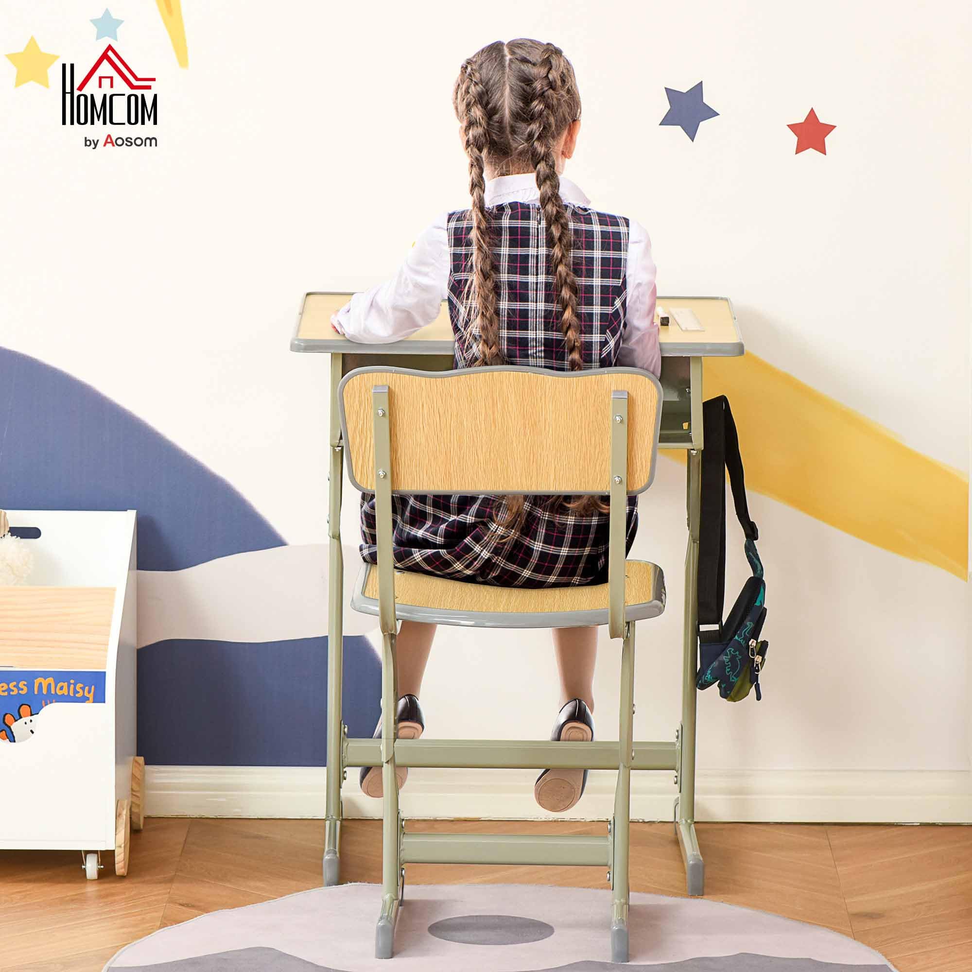 HOMCOM Bureau Enfant Vintage Style pupitre d'écolier - Ensemble Bureau et Chaise réglable - Case de Rangement, Bracket, Range-stylos - Acier Kaki MDF Aspect Bois Clair