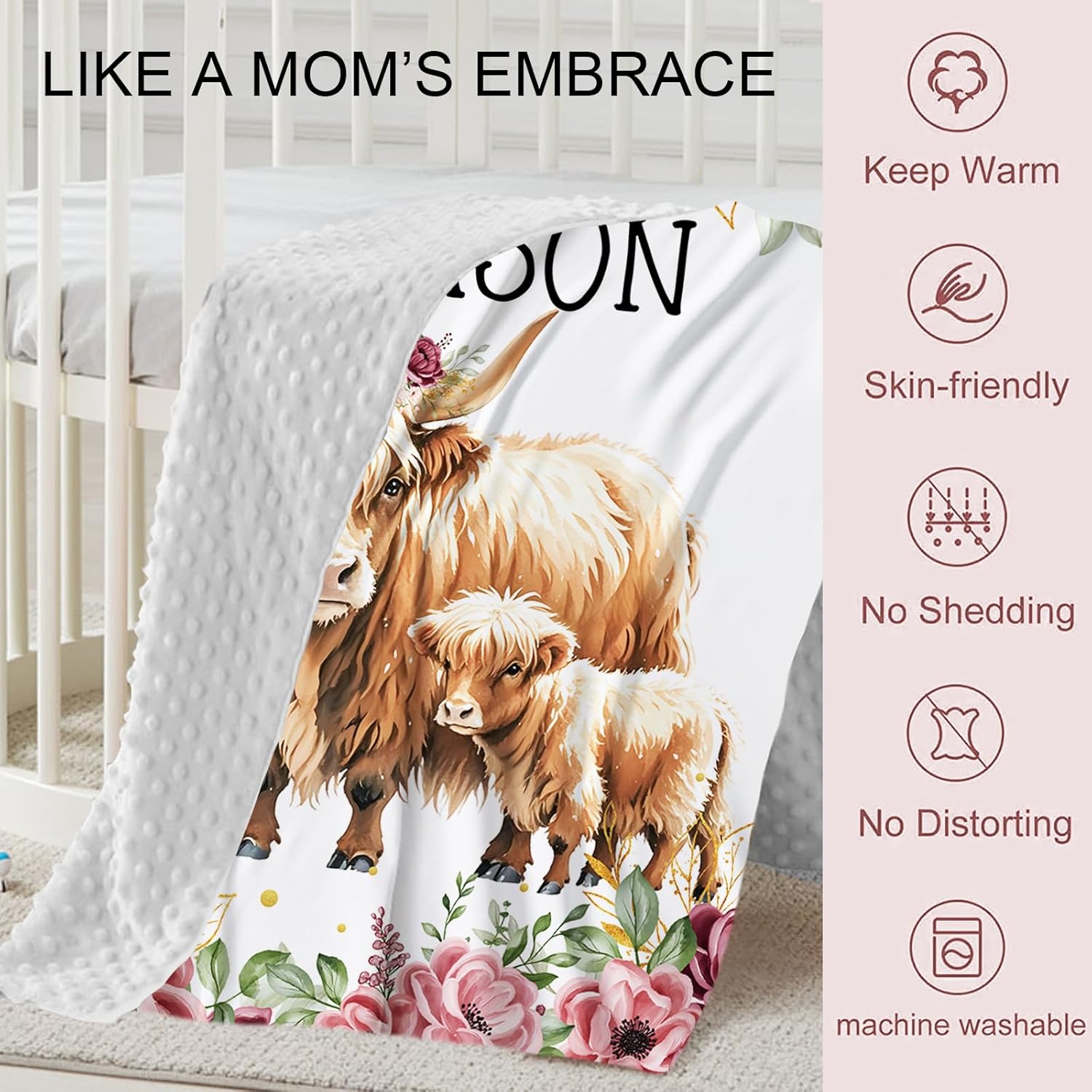 Personalized Crib Bedding Set for Girls, Custom Baby Crib Sets with Name, Flower Highland Cow Theme Nursery Bedding,2 Piece Crib Sets - Soft Blanket with Double Layer Dotted Backing, Crib Fitted Sheet