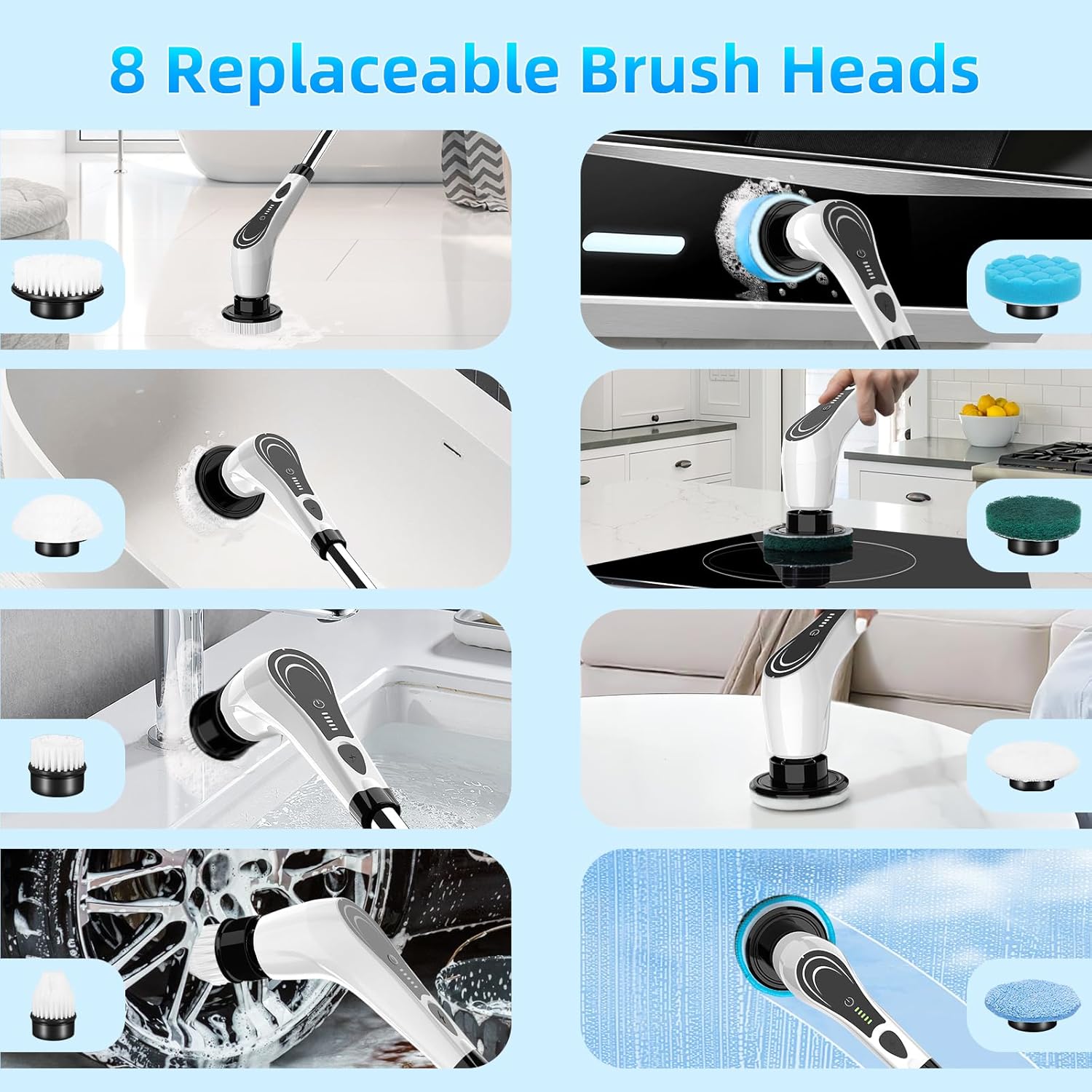 White Electric Spin Scrubber, Cordless Spin Scrubber with 8 Replaceable Brush Heads, Electric Scrub Brush with Adjustable Extension Handle, Electric Cleaning Brush for Bathroom, Tile and Bathtub