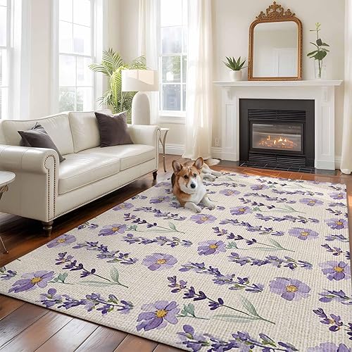 Miniatura 1 de Alfombra de área de 5 x 8 pies para sala de estar, alfombra de dormitorio floral lavanda, alfombra lavable antideslizante, alfombra de verano con