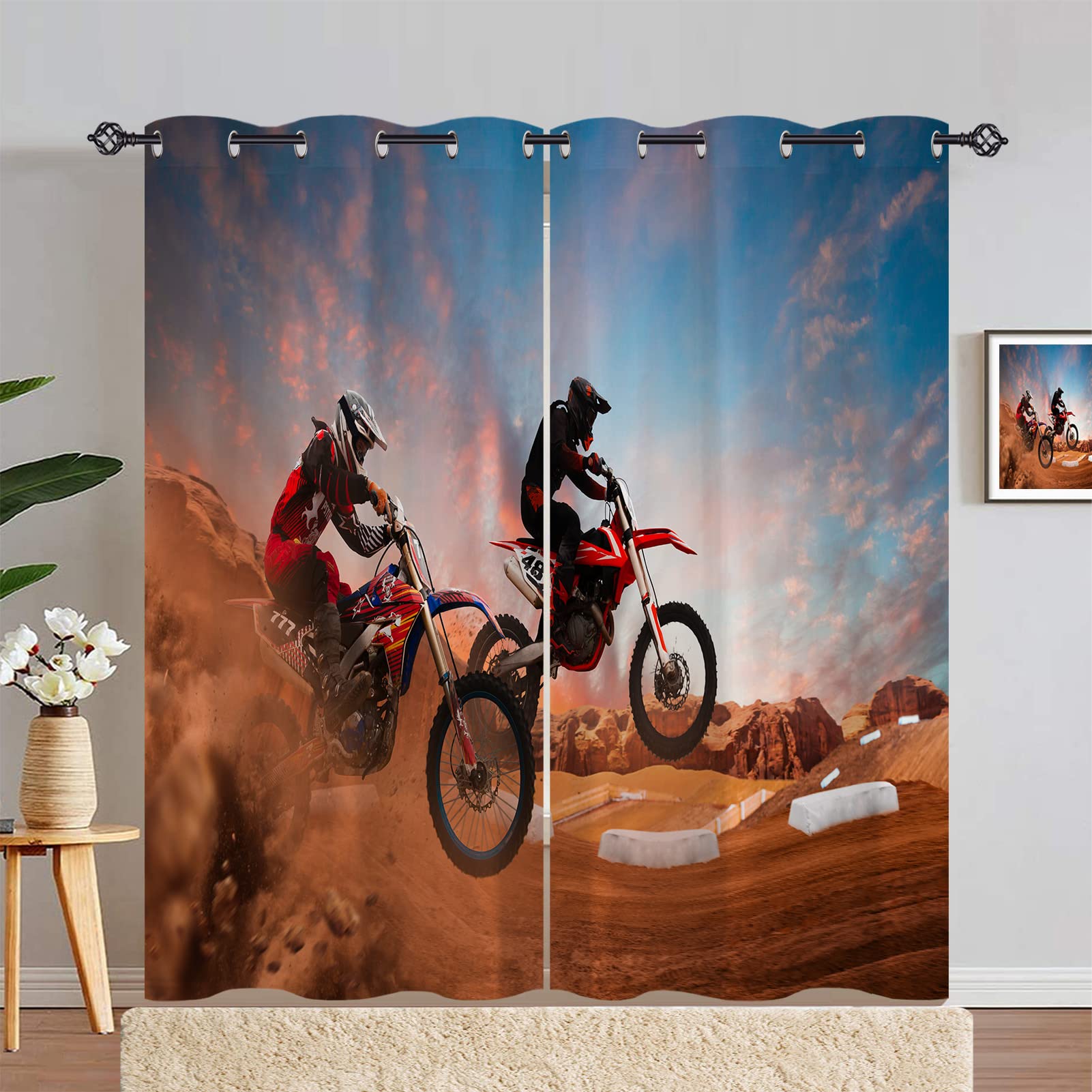 ANHOPE Motocross Rider Curtains Eyelet 80% Blackout Room Darkening Curtains Sports Motorcycle Print Pattern Light Blocking Window Drapes for Kids Boys Bedroom Living Room 46 x 72 Inch Drop 2 Panels