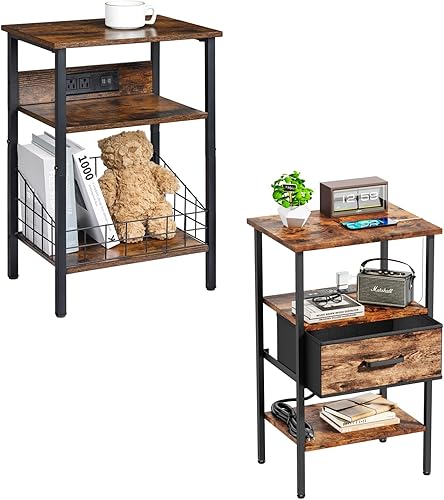 Mesa auxiliar y mesita de noche con estación de carga, mesa auxiliar de 3 niveles con puertos USB y tomas, mesita de noche para sala de estar,