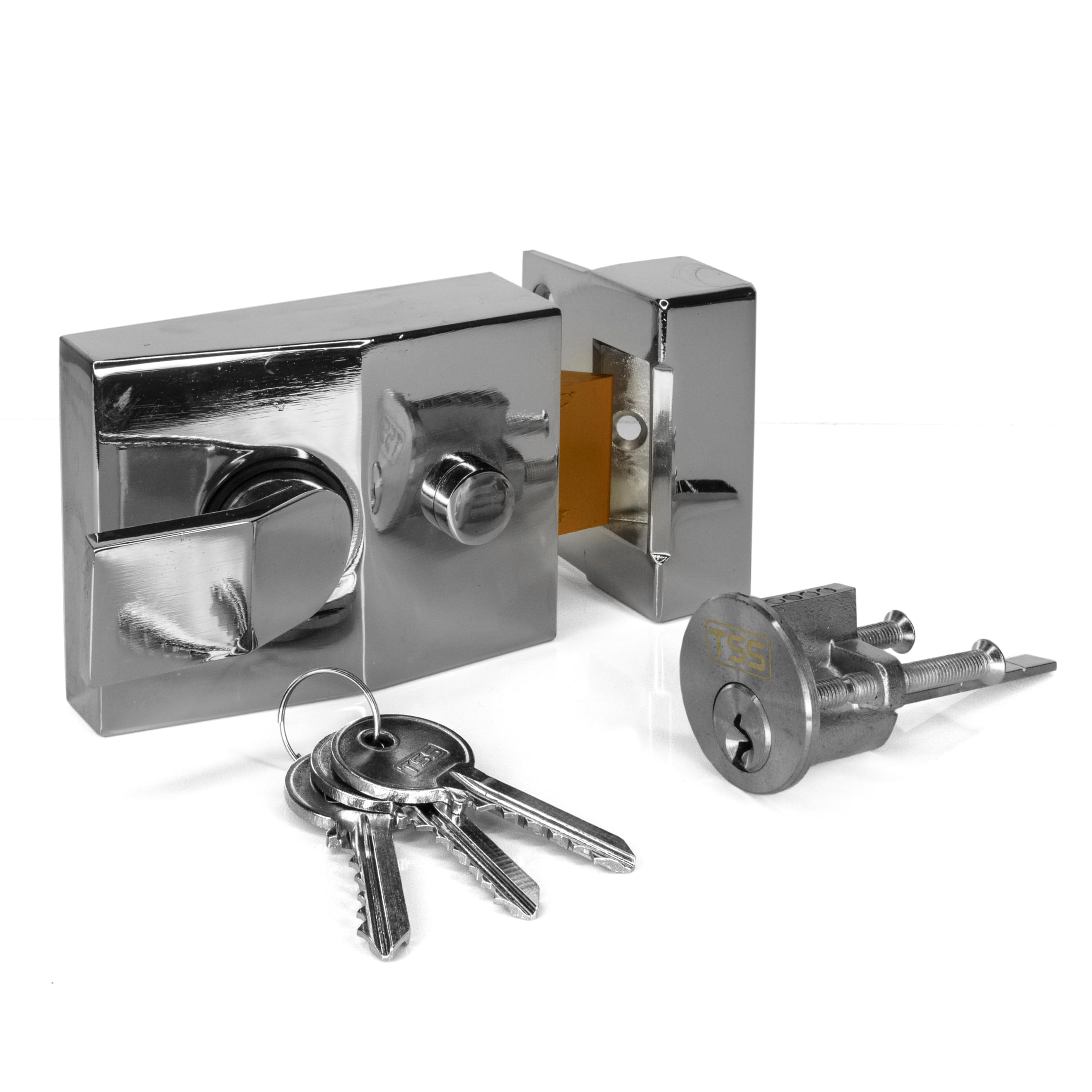 Tss Chrome Lock / Silver Cylinder Standard Deadlocking Nightlatch, 60Mm Backset, Complete With Rim Cylinder Lock Supplied With 3 Keys. External Door Lock For Front Door And Back Door. (Chrome Lock/Silver Cylinder)
