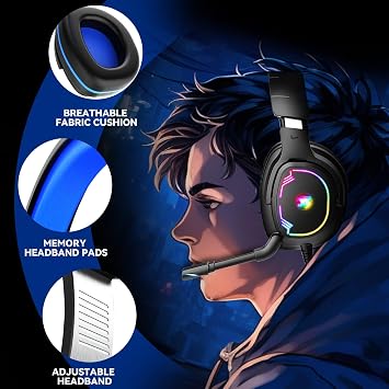 Jimonyer Gaming Headset for PS5 PS4 PC Xbox Series X|S Switch, 7.1 Stereo Surround Sound Over Ear Headphones with Noise Canceling Mic, RGB LED Light, Soft Memory Earmuffs for Gaming or Work (Blue)