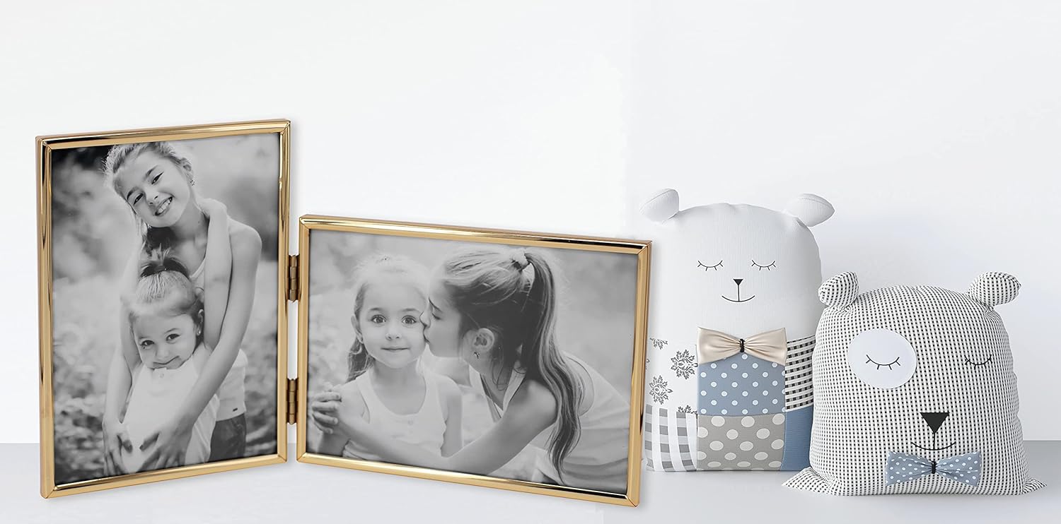 Vertical Horizontal Combo- Double 5 by 7 Inch Metal Folding Picture Frames-(1 Landscape and 1 Portrait Style) (modern gold)