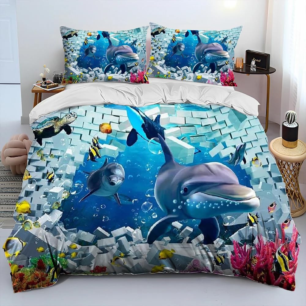 LMMSMGS Double Duvet Set Dolphins Double Bed Duvet Cover Set for Kids Aldult with Zipper Closure Hypoallergenic Microfiber Quilt Cover 78.7"x 78.7" + 2 Pillowcases 19.7"x 29.5"