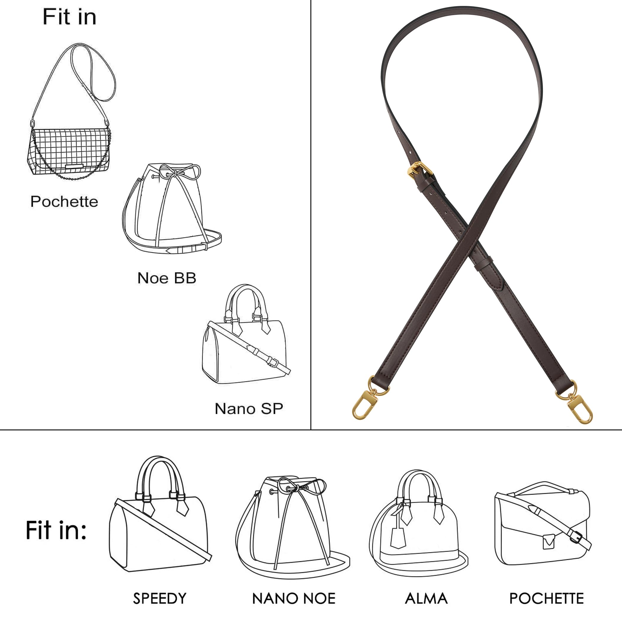 Vachetta - Correa de piel ajustable para bolsas pequeñas, Pochette Mini NM Eva Favorite PM MM Nano Speedy