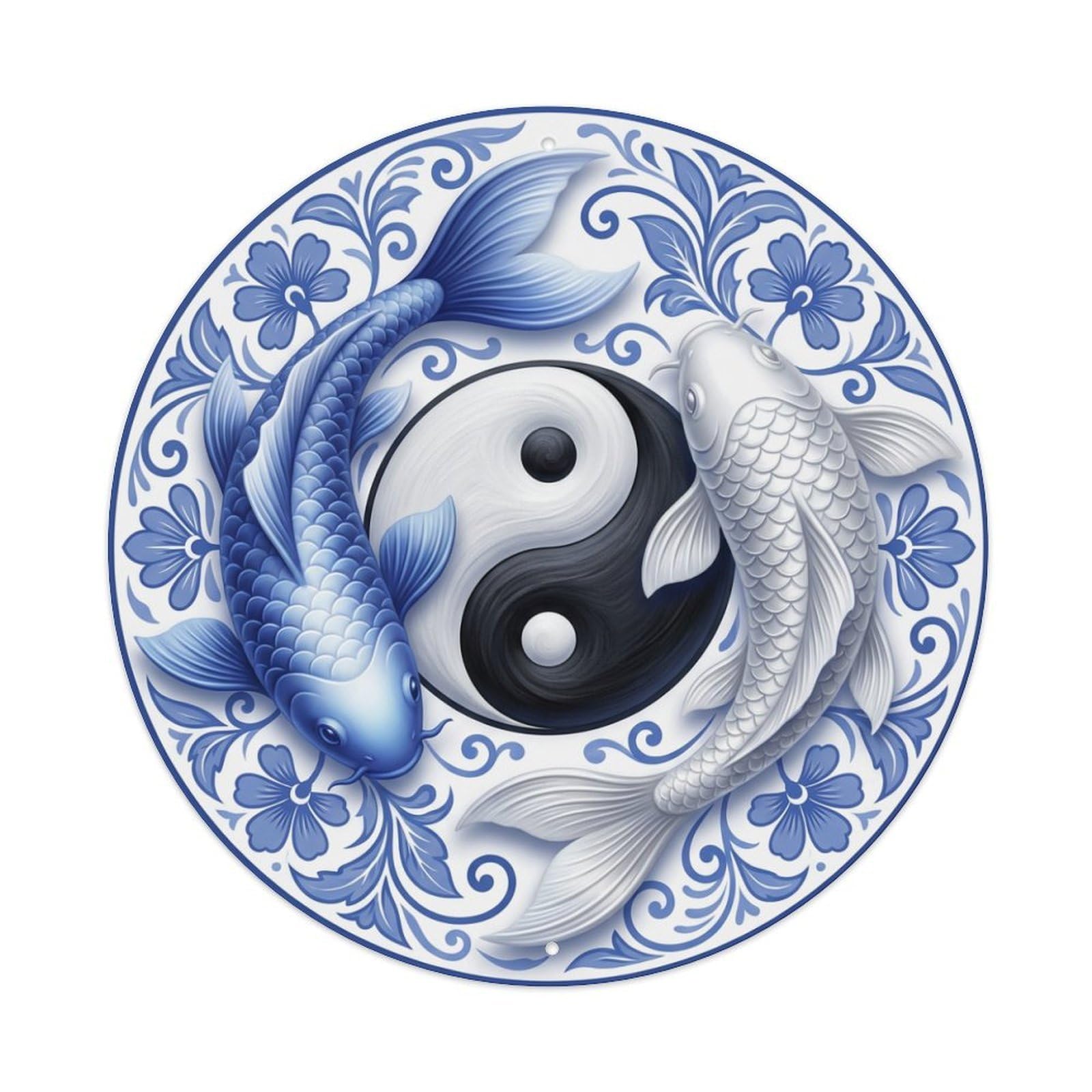 Metal Tin Sign Tai Chi Koi Fish Flower