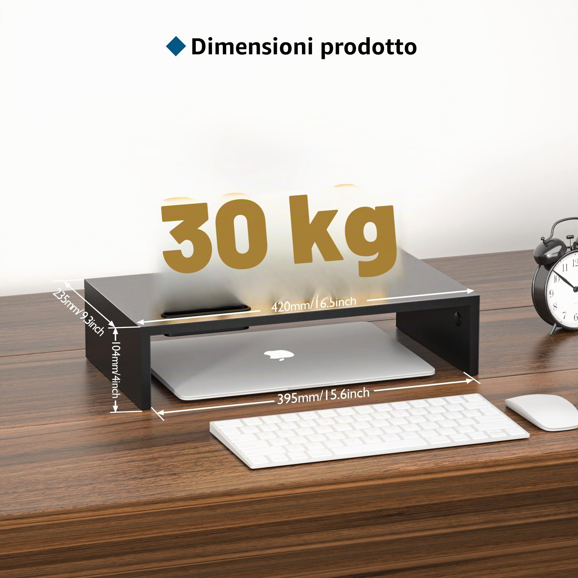 BONTEC Supporto per Monitor in Legno, per Monitor da Tavolo ergonomico per Laptop, Computer, Notebook, iMac, Stampanti, Portata Fino a 30 kg, W420 x D235 x H104mm, Nero