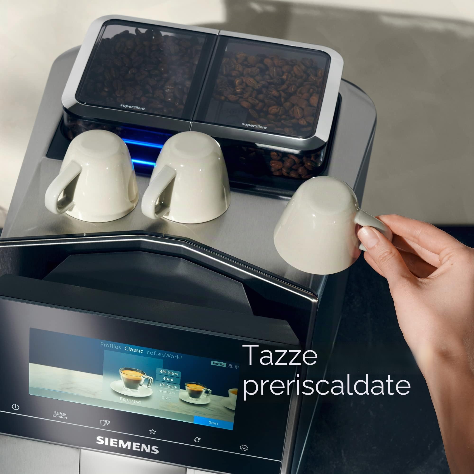 Siemens Macchina da caffè EQ900 TQ907D03, controllo app, display full touch, modalità barista, riduzione del rumore, fino a 10 profili, pulizia automatica del vapore, 2 contenitori per fagioli, 1500
