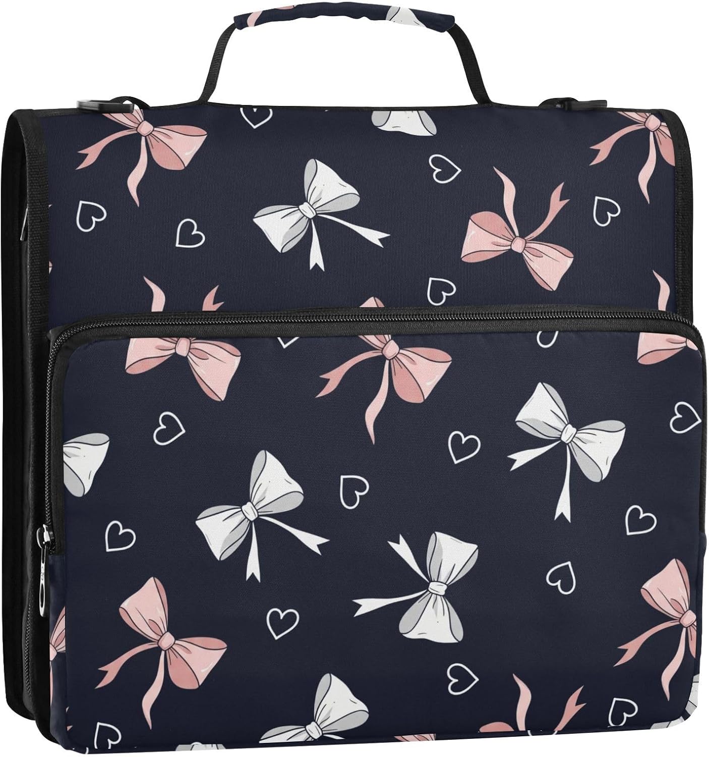 Bows Hearts Print 3 Ring Zipper Binder with Shoulder Strap & Handle 1.5 Inch D-Ring Zippered Bag with Pencil Pouch,Multiple Pocket & Expanding File Folder, Binder Organizer for School or Office