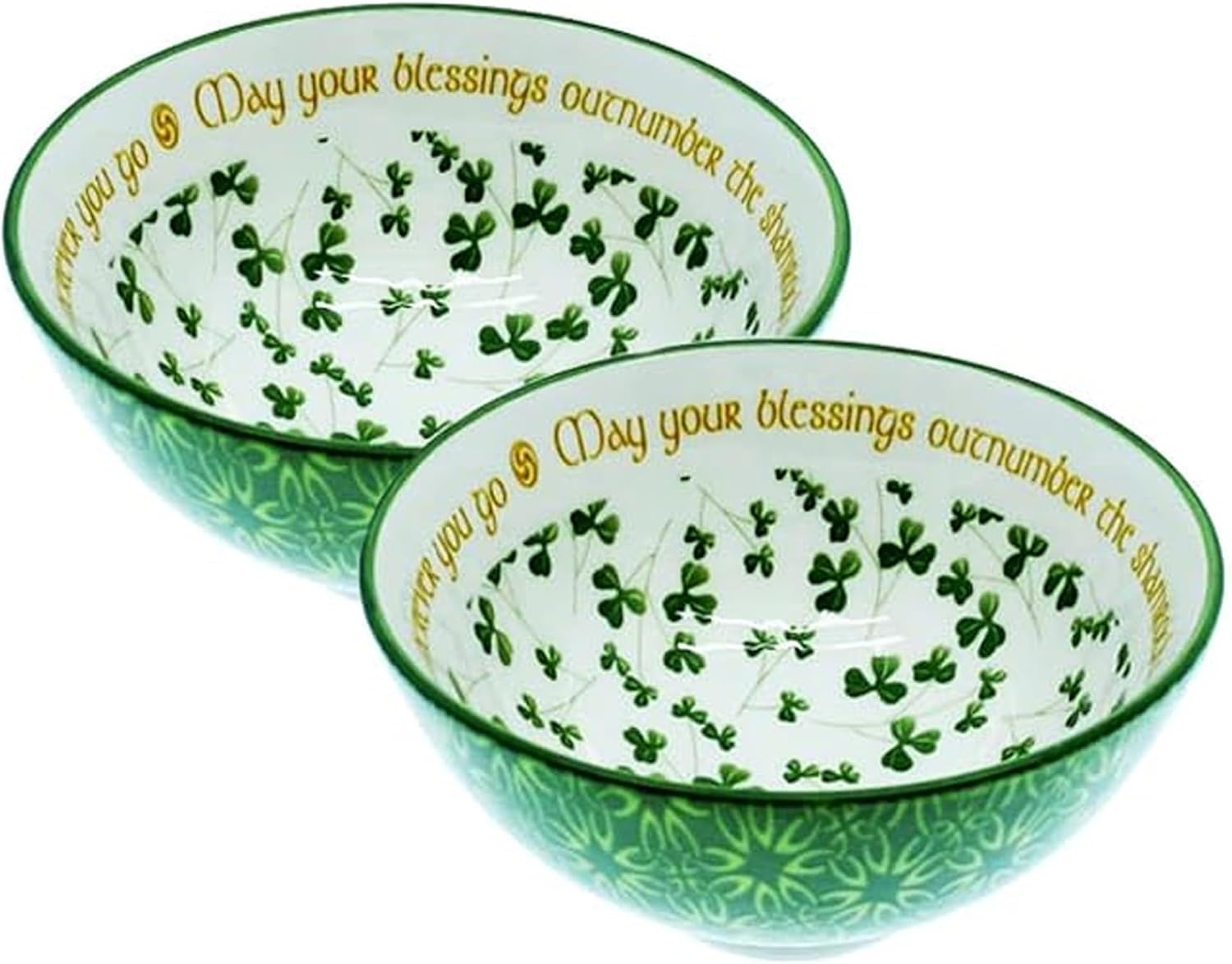 Irish Ceramic Blessing Bowls Set of 2 Shamrock Celtic Knotwork Kitchenware Gift Serving Soups Stews Salads Bone China Mixing Bowl for Kitchen (Shamrock-May your blessing outnumber)