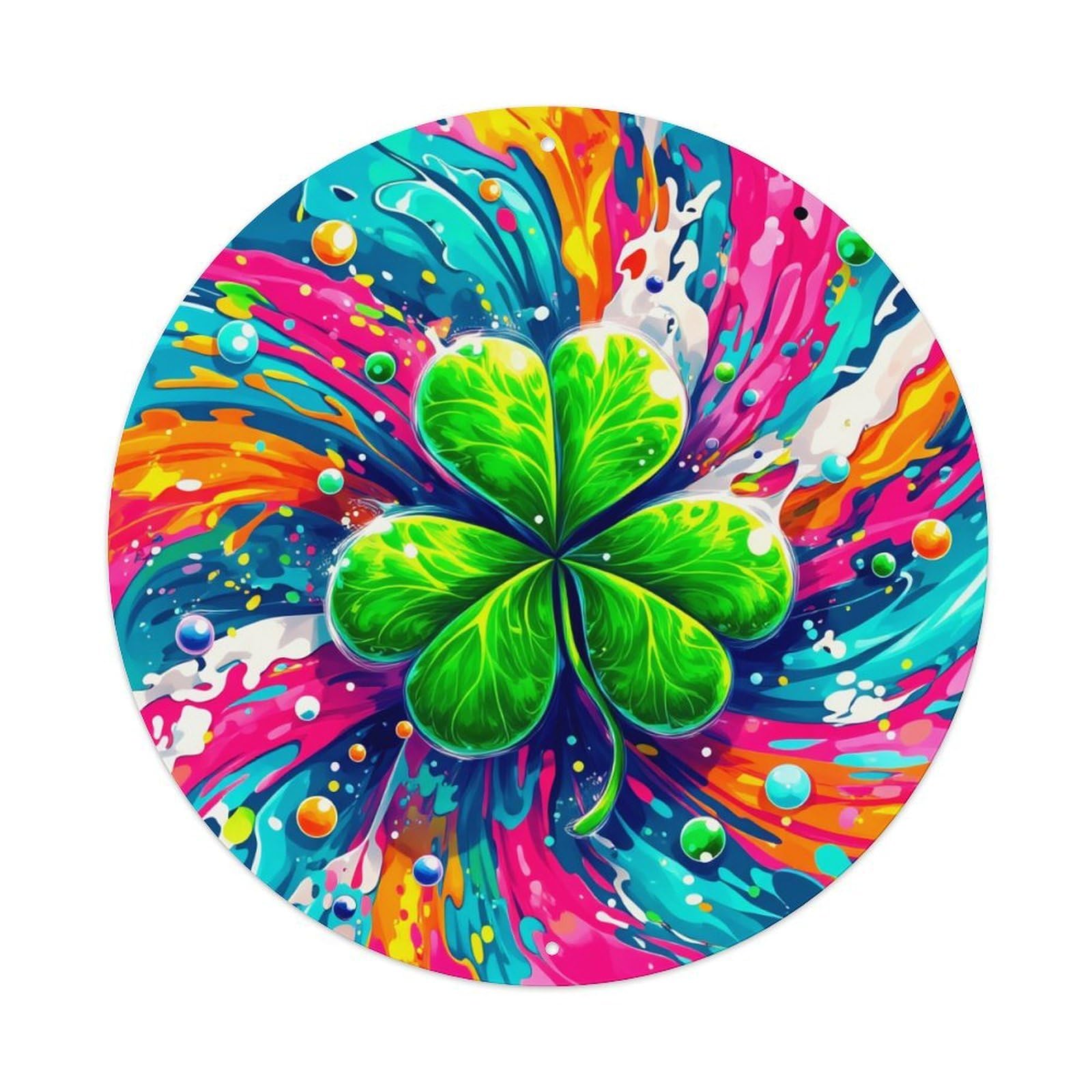 Colorful Splash Clover Pattern Art Round Tin Sign Vintage Metal Poster, Home Bar Garage Man Cave Cafe Indoor & Outdoor Wall Decoration 8x8Inches