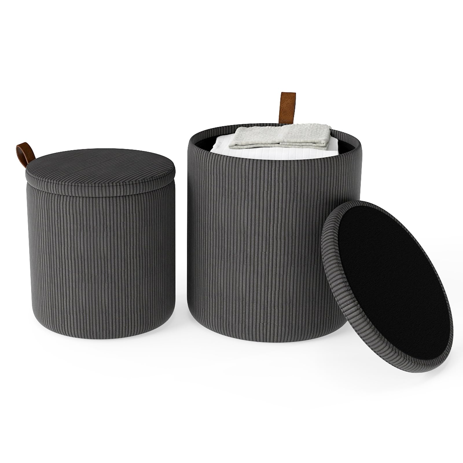 COSTWAY Set di 2 Pouf Contenitore in Velluto, Pouf Rotondi Imbottiti da 40L + 25L, Sgabelli con Contenitore per Soggiorno, Camera da Letto, Portata 150 kg (Grigio)