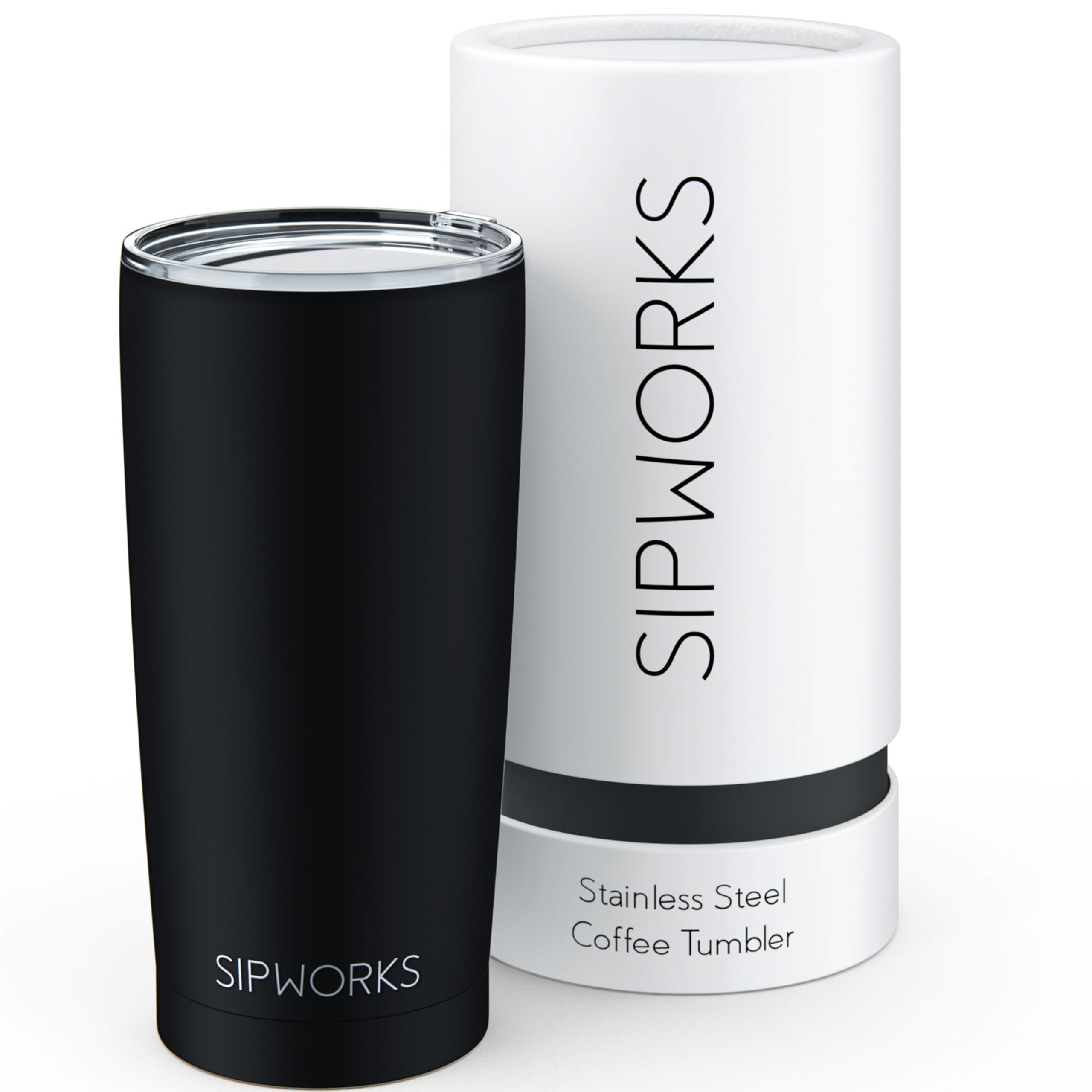 Sipworks Kubek do kawy ze stali nierdzewnej: Izolowany próżniowo z podwójnymi ściankami Kubek podróżny Metalowy kubek do kawy z pokrywką, 595 ml (Midnight Black)