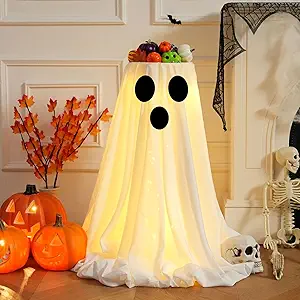 [Timer] Halloween Ghost Decorations Indoor - Lit Ghost Candy Bowl Decorations Trick or Treat Candy Holder, DIY Spooky Ghosts Crafts with LED Lights for Halloween Indoor Home Front Door Decor(1Pack)