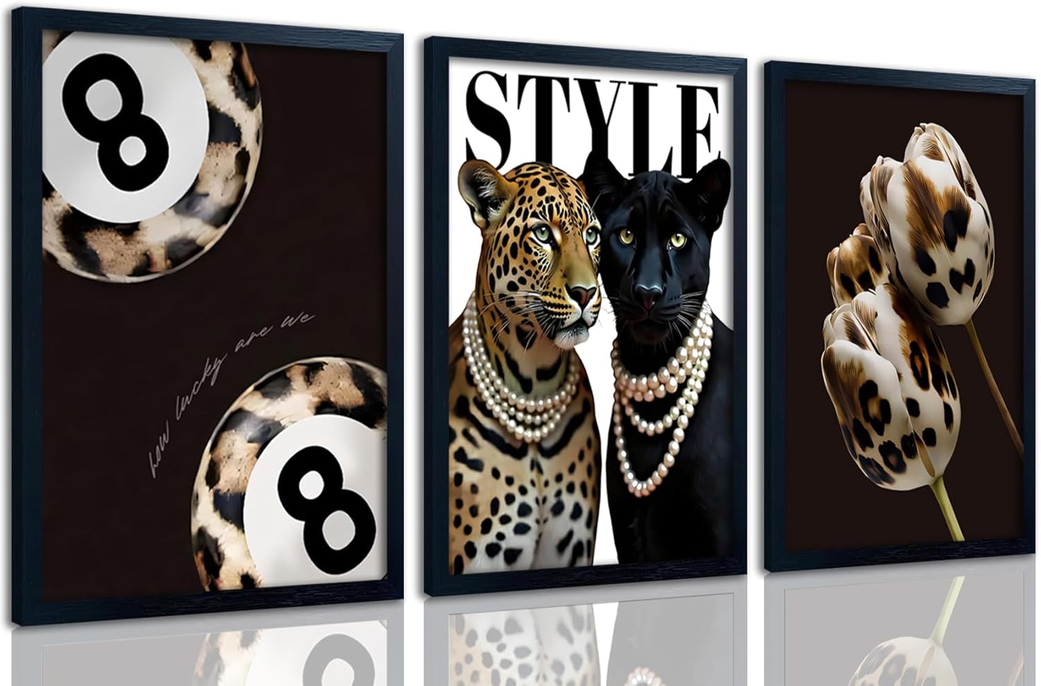 JZMGGQQ 3Pcs Fashion Cheetah Canvas Wall Art with Lucky 8 Ball, Leopard Print Trendy Aesthetic Wall Decor, Black Wood Frame Wall Art Set for Living Room Bedroom Apartment Dorm, 12x16 Inch