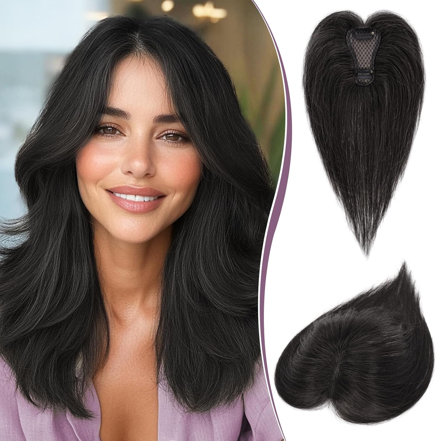 RUWISS Hair Toppers for Women Real Human Hair – Lightweight Natural Black Clip-in Hair Piece for Thinning Hair, Fluffy Straight Hair Topper without/with Bangs Hair Pieces for Women