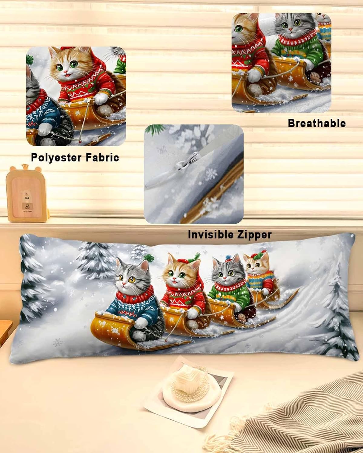 Christmas Pillow Cover Lumbar Throw Pillow Cover, Winter Animal Cat Sleigh Snow Scene Body Pillow Cushion Cover, Polyester Fabric Pillow Cover for Bench Bedroom Living Room Decor 20x60