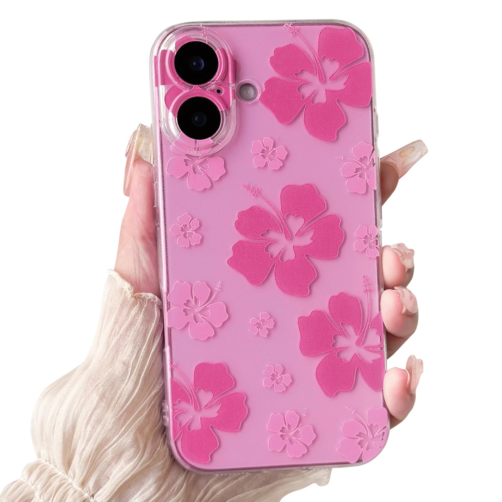 Lovmooful Compatible for iPhone 16 Case Cute Clear Hibiscus Flower Floral Aesthetic Printed Design for Girls Women Soft TPU Shockproof Protective