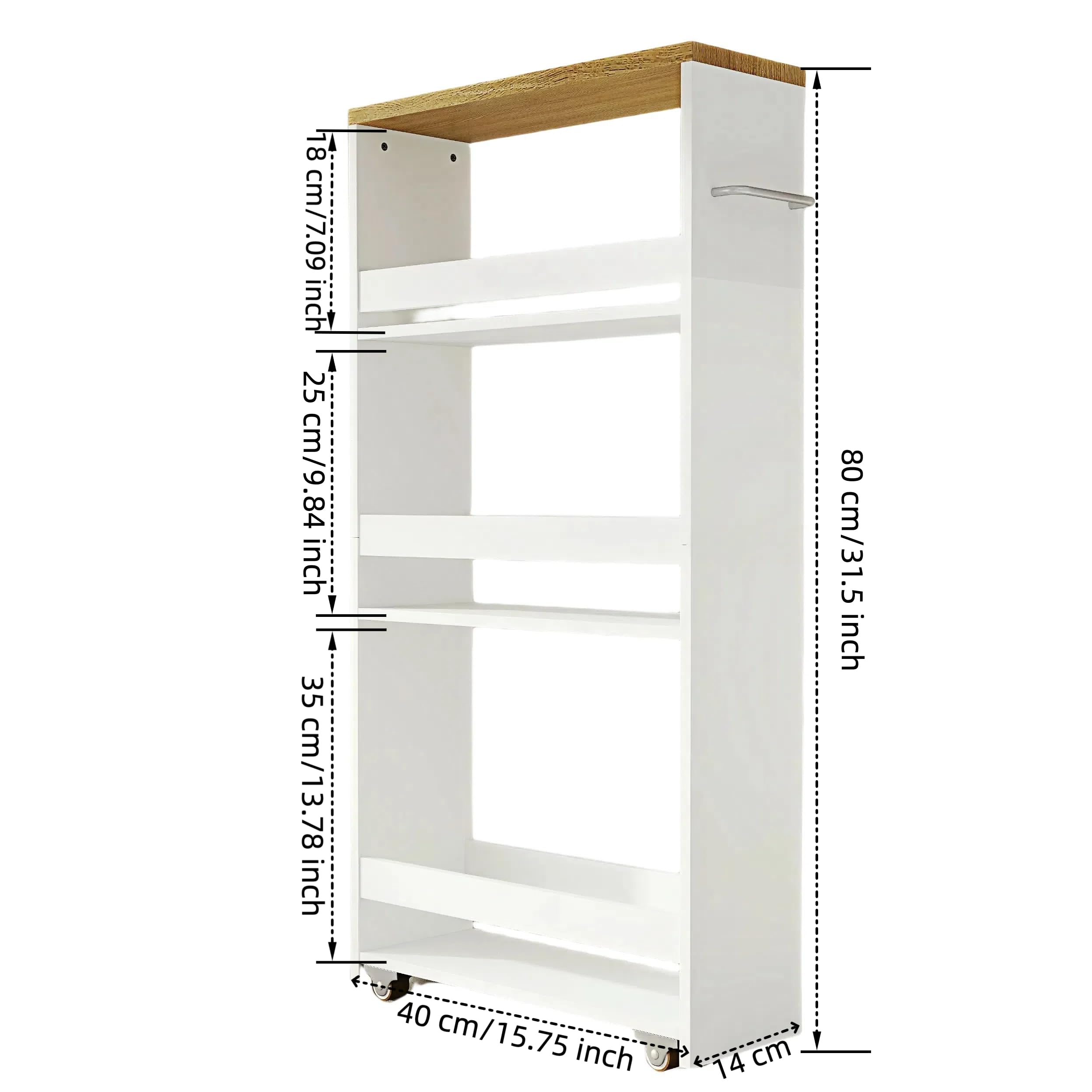 Carrito Auxiliar con Ruedas de 4 Niveles, Estante de Cocina Delgado con Asa, 40 x 80 x 14 cm, Pequeños Espacios, Baño, Lavandería, Blanco y Madera Natural, Juego de 2 Unidades