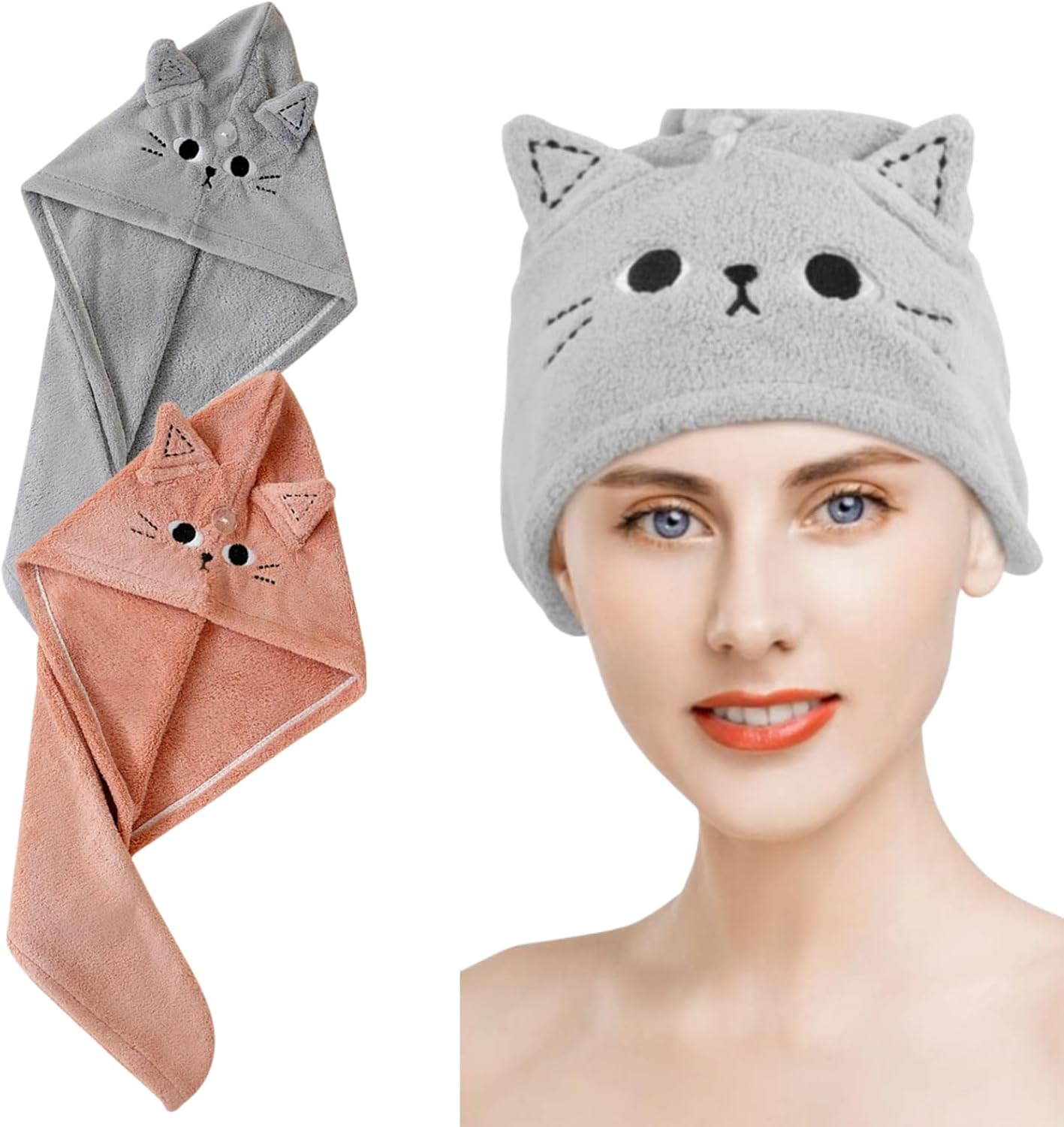 2 Pack Cat Microfiber Hair Towel Wrap for Women & Kids, Super Absorbent Hair Turban with Button, Soft Hair Drying Cap for Curly/Thick/Long Hair, Head Towel Wrap for Hair Care