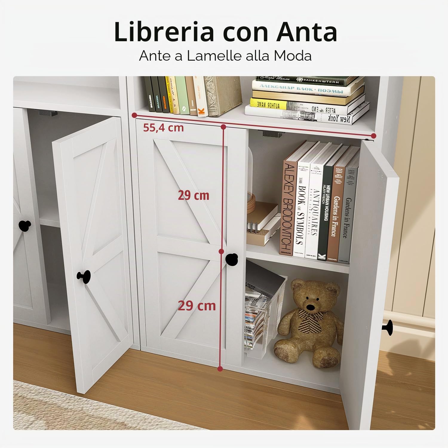 oneinmil Libreria Alta con Ante 6 Ripiani, Scaffale PortaLibri Moderno con Ante e Ripiani Aperti, Mobile Contenitore per Soggiorno, Ufficio, Camera da Letto, 55.5 x 23.5 x 181 cm, Bianco