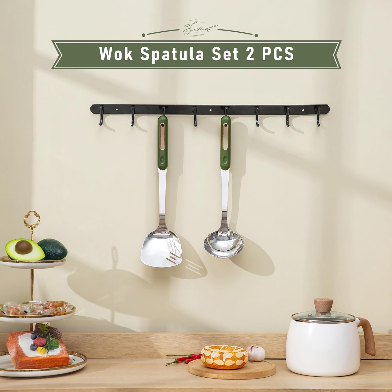 FJNATINH Spatula and Ladle Set - 2 Wok Tools - Universal Ladle and Spatula - Stainless Steel Cooking Utensils and Accessories, 13"-14", Green Handle - Image 2