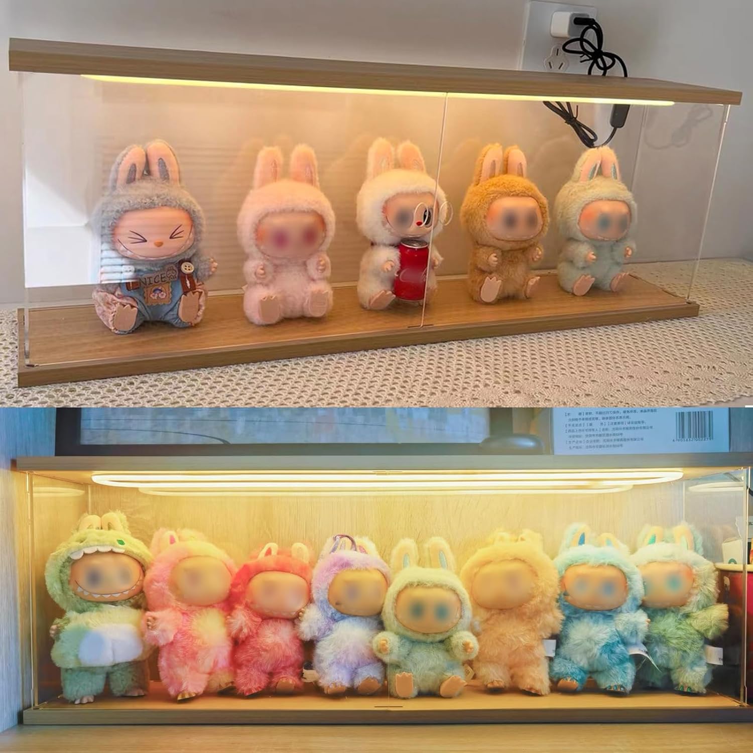 Clear Acrylic Display Case for LABUBU Doll Figures with LED Light, Wooden Display Box for POPMART The Monsters for Crybaby for SKULLPANDA Collectibles for Funko Pop with Door, 23.6x3.9x7.9in