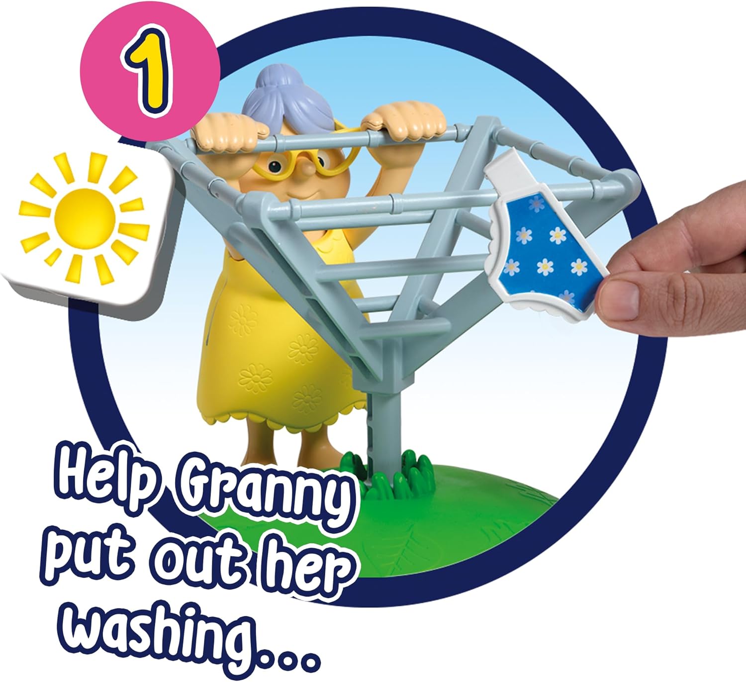 Image showing Granny figure with a hand placing a knicker on the washing line, illustrating the first step of the game.