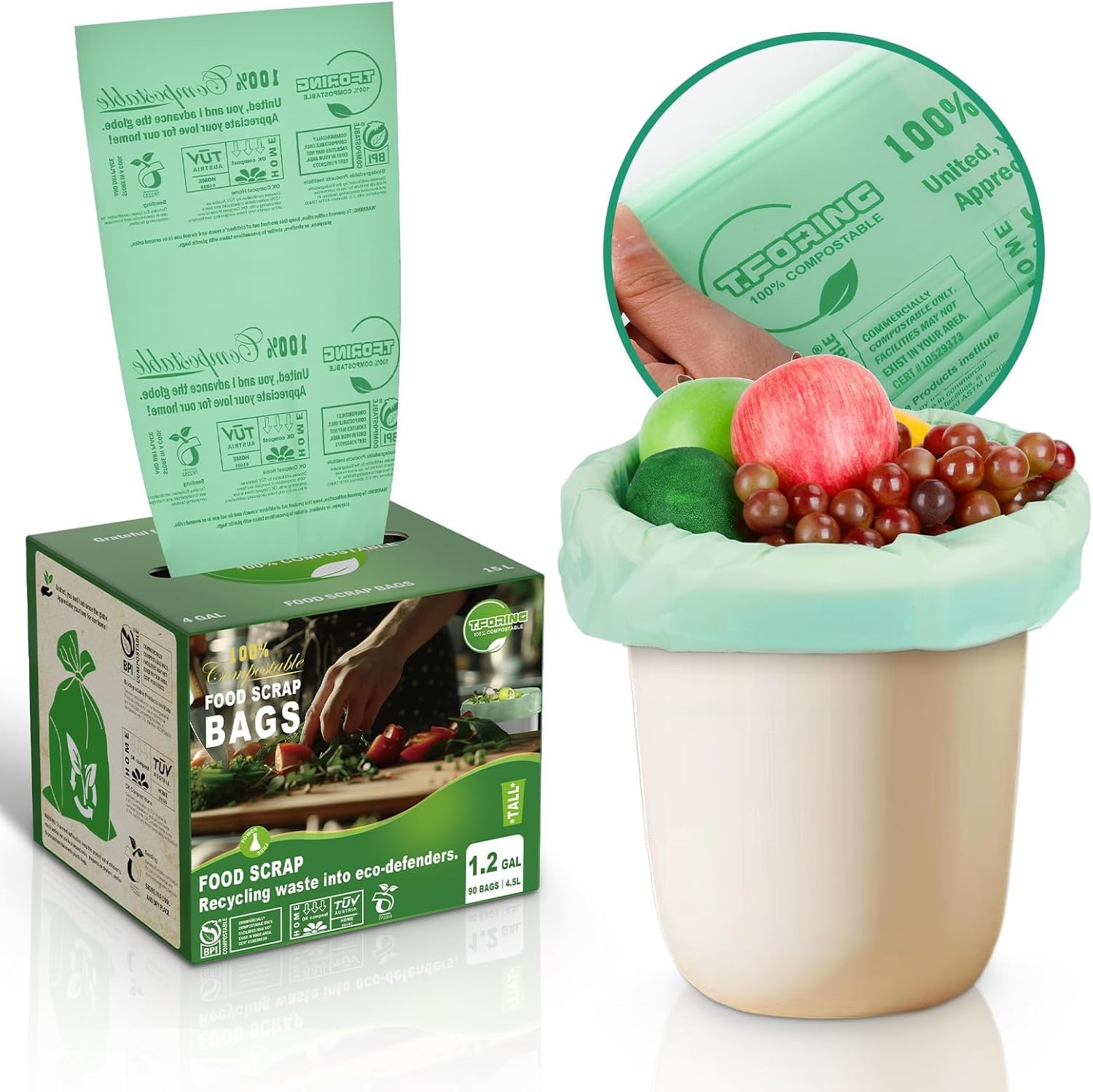 1.2 Gallon Compost Bags, 4.5 Liter, 0.8 Mil,80 Count Compostable Trash Bags, Small Kitchen Food Scrap Waste Bags, ASTM D6400, US BPI, CMA and Europe OK Compost Home Certified