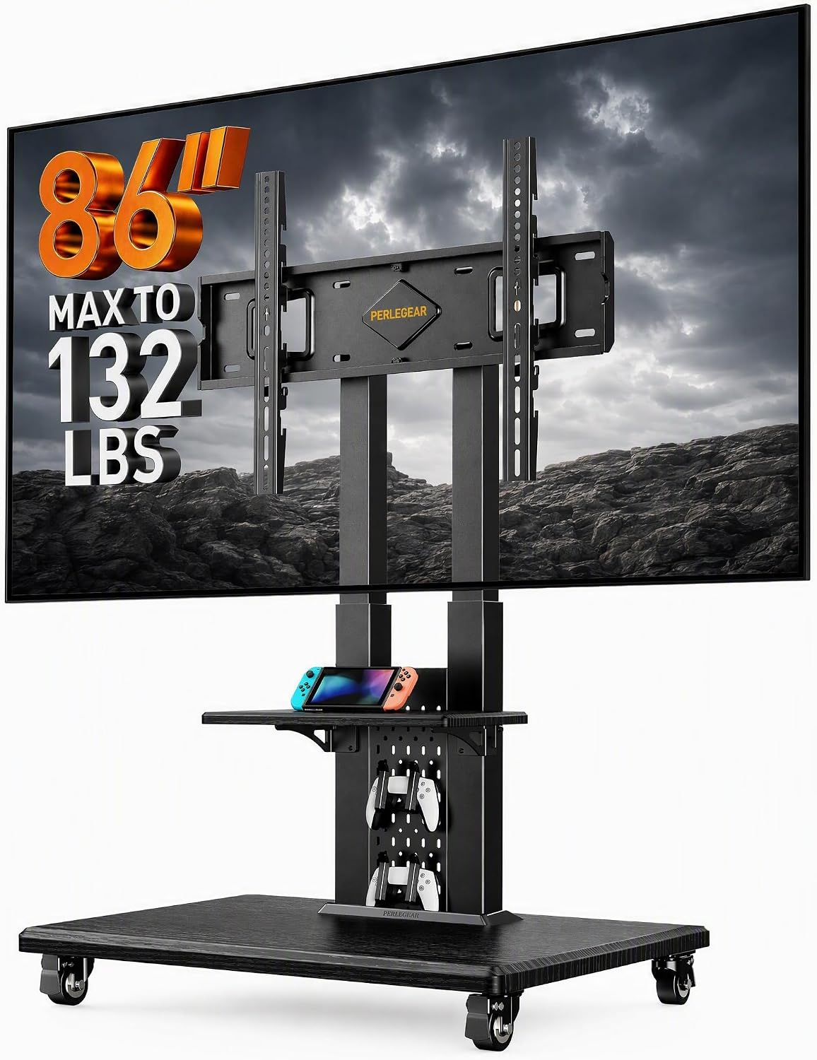 Perlegear Rolling TV Stand with Pegboard for 32–86 inch TVs up to 132 lbs