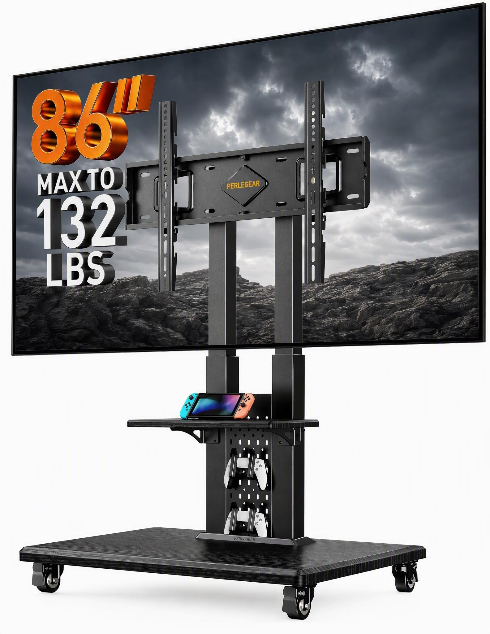 Perlegear Rolling TV Stand with Pegboard for 32–86 inch TVs up to 132 lbs Recycled Claim Standard Blended