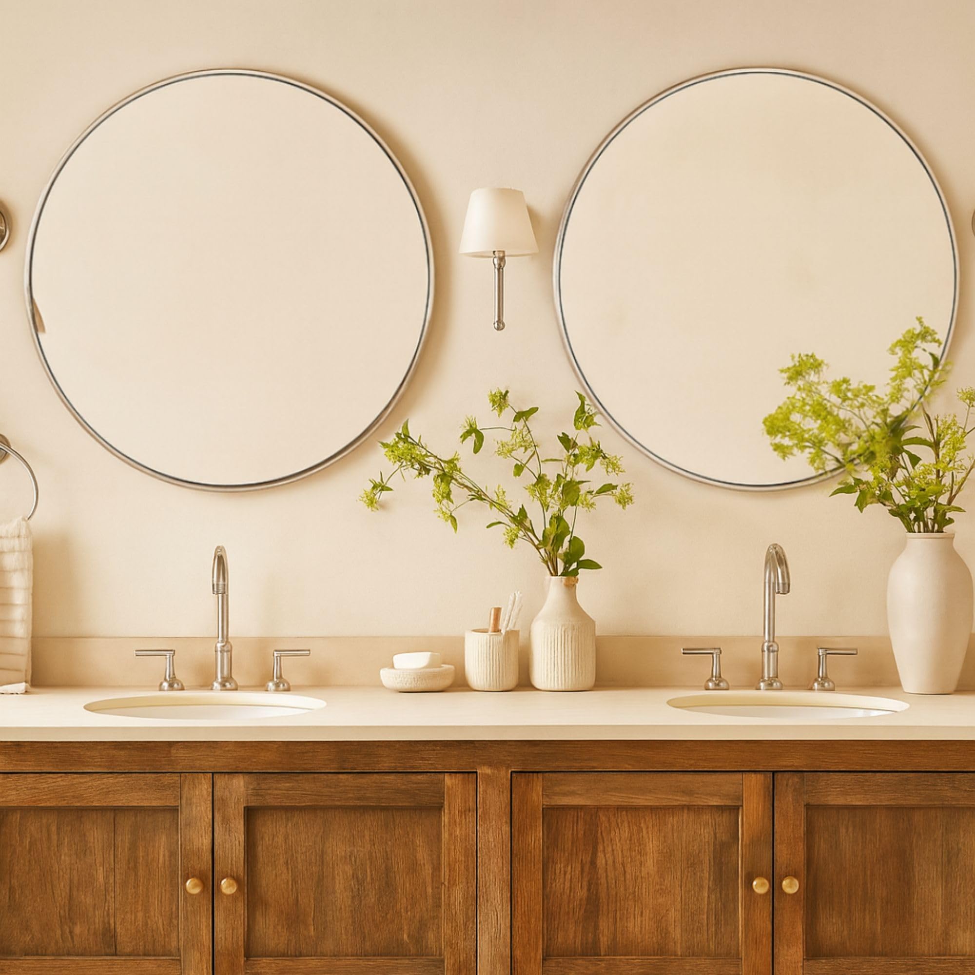 TEHOME Round Polised Nickel 30 inch, Silver Circle Wall Mirror, Metal Frame Modern Round Mirror for Vanity &amp; Entrway