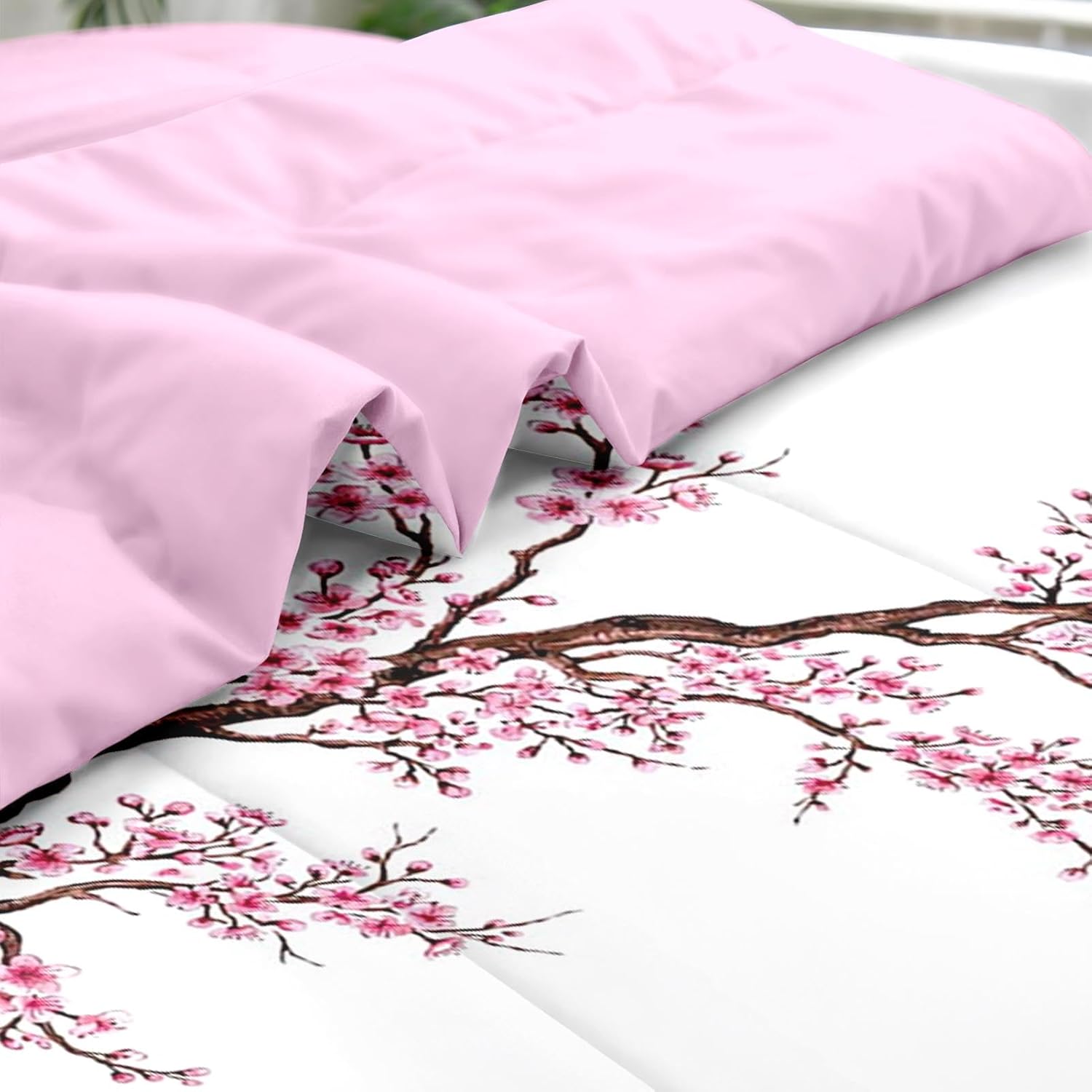 Pamnest Comforter Set King Size, Japanese Cherry Blossom 7 Pcs Bedding for Kids and Adults, Flower Painting Pink Bed Sheet Sets with Fitted Sheet 2 Pillowcase & 2 Sham for Bedroom Bed Decor