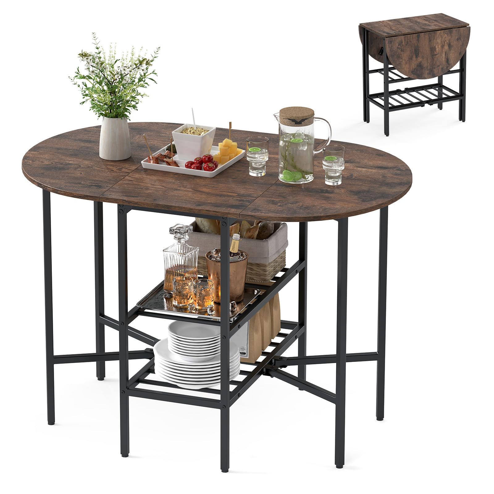 COSTWAY Mesa de Comedor Extensible, Mesa de Cocina Plegable con 2 Hojas Abatibles, 2 Estantes de Almacenamiento, Estructura de Metal, para Sala de Estar, Espacios Pequeños, 110 x 70 x 76 cm (Marrón)