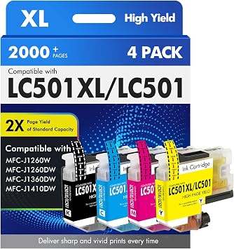 LC501XL LC501 MFC-J1360DW Ink Cartridges for Brother Printer LC 501 XL | Compatible for Brother MFC-J1410DW MFC J1360DW J1260W J1260DW J1410DW Series Printer 4 Pack Black Cyan Magenta Yellow