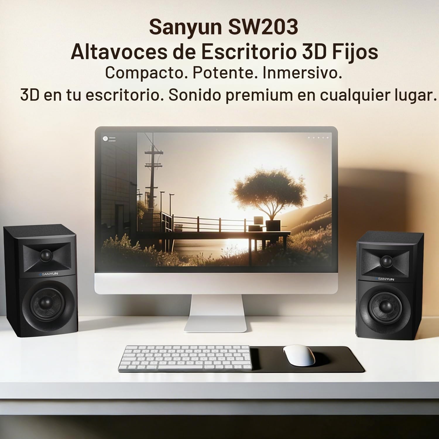 Sanyun SW203 Altavoces PC 2.0 3”, Campo Estéreo Ampliado, Triple-DSP | DAC 24 bits, USB-C/Bluetooth 5.4/AUX, Woofer Fibra Carbono 60W + Tweeter Cúpula Seda, PC Sobremesa Gaming (Pareja, Negro)