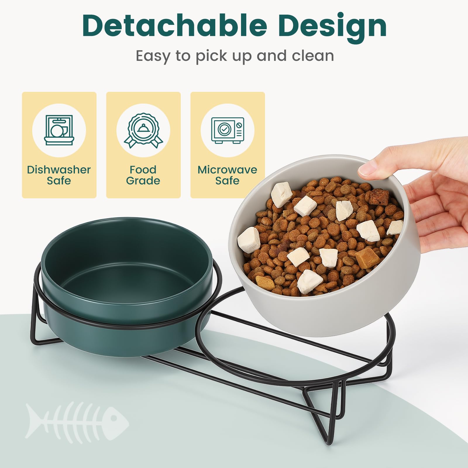 PETTOM Gamelle Chat Céramique Surélevée Double 2x400ml, Bol Chat avec Support Métal Anti Renversement pour Croquette Eau, Vert+Gris