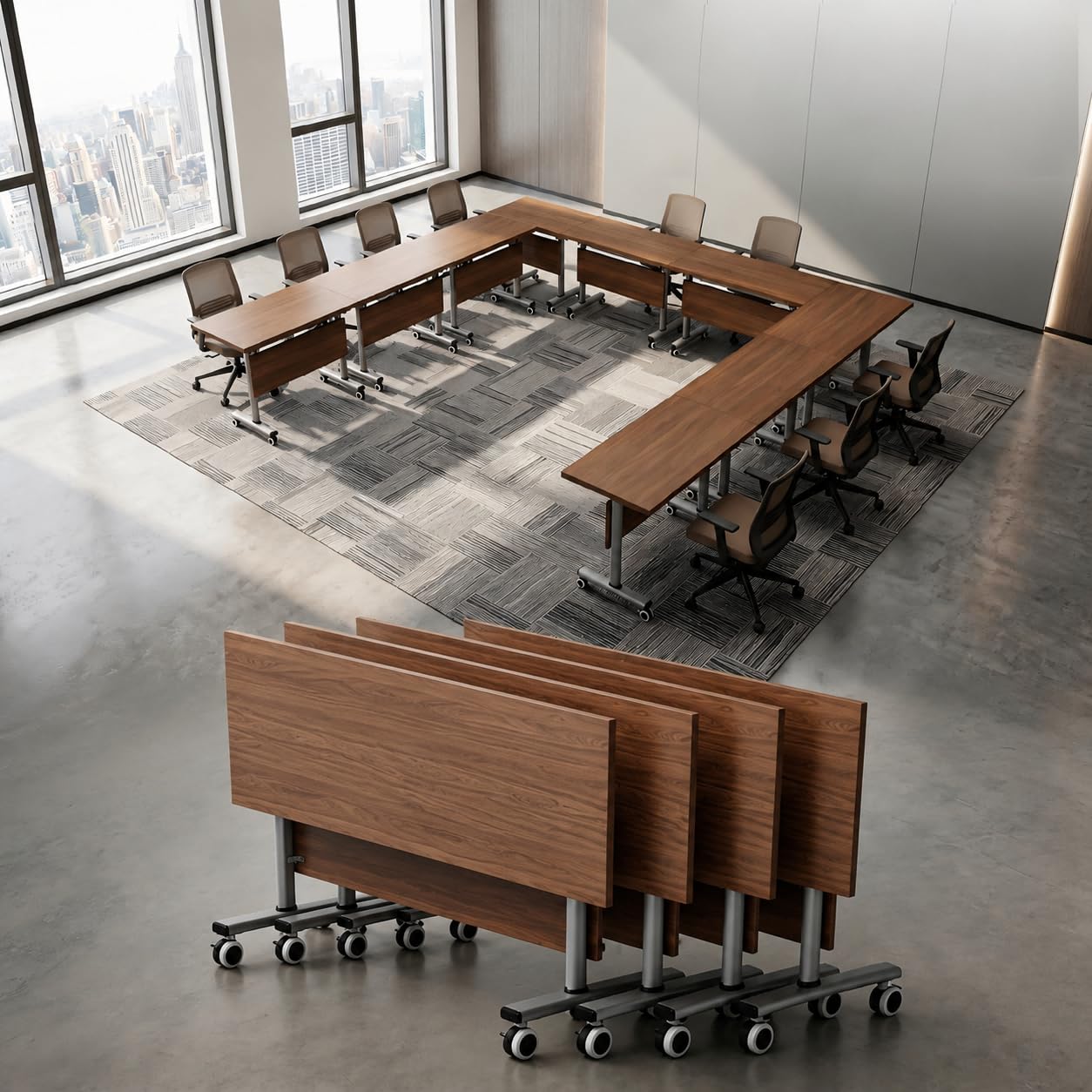 6Pack 55in Commercial Folding Conference Room Tables,Modern Meeting Tables,Mobile Training Table with Wheels,Flip Top Rolling Seminar Meeting Table
